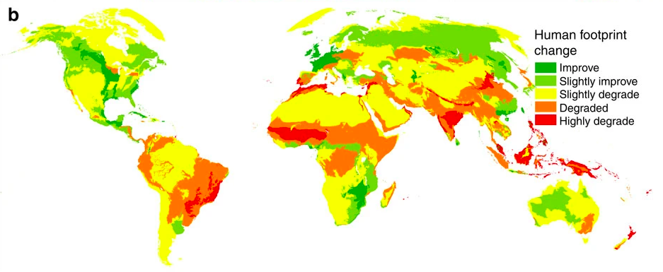 Ihmisen vaikutukset luontoon ovat kasvaneet lähiaikoina tropiikissa, ja vähentyneet hieman vauraissa maissa.