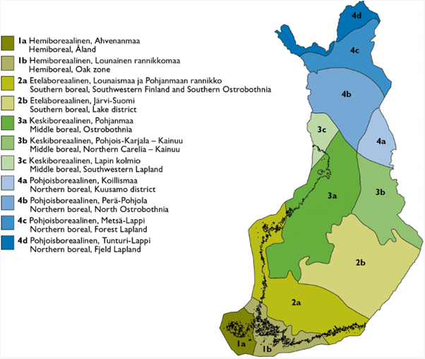 Suomen kartta, jossa näkyy metsäkasvillisuusvyöhykkeiden aluejako.