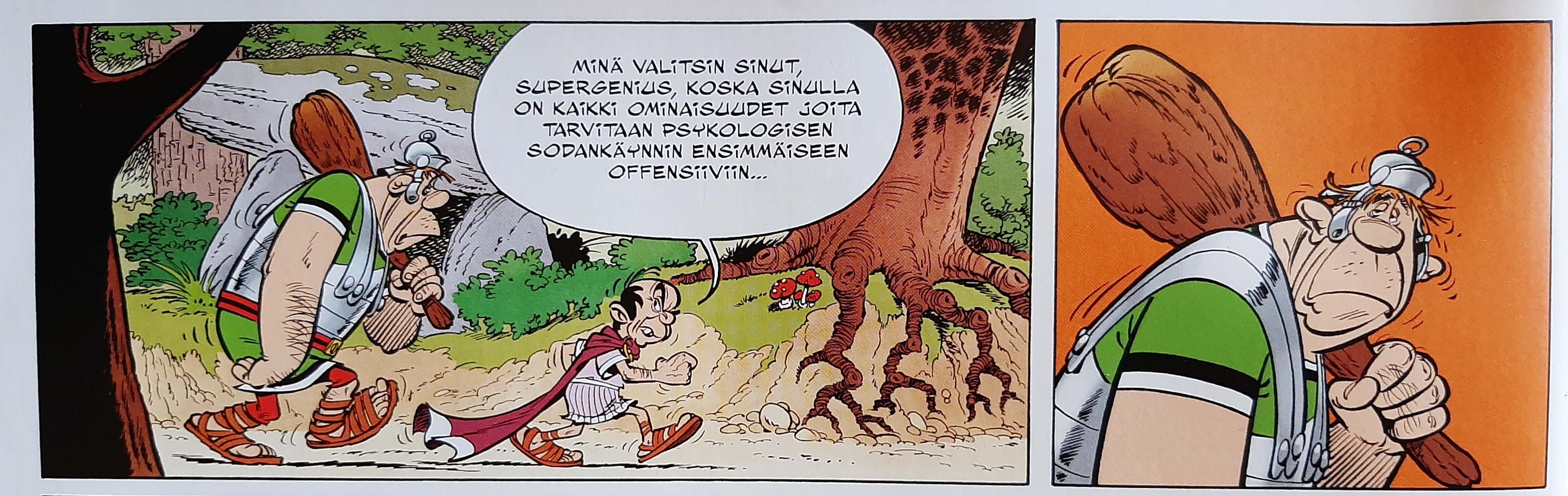 Kuva Asterix ja riidankylväjä-teoksesta, jossa roomalainen taktikko käyttää legioonalaista psykolog. sodankäyntiin.