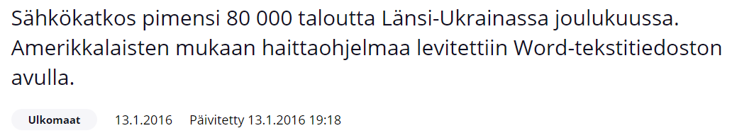 Sähkökatkos pimensi 80 000 taloutta Länsi-Ukrainassa joulukuussa. 