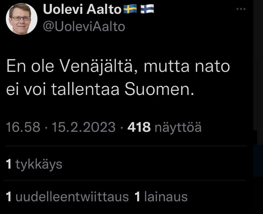 Kuvakaappaus Twitteristä, jossa lukee: "En ole Venäjältä, mutta nato ei voi tallentaa Suomen."