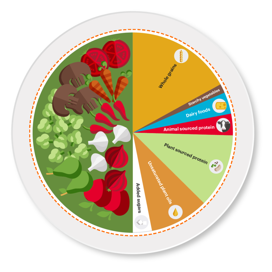 Half of the plate consists of vegetables. The proportion of grain products is substantial. There is a small amount of meat.