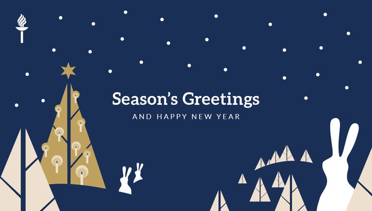Season`s Greetings JYU picture: trees and bunnies.