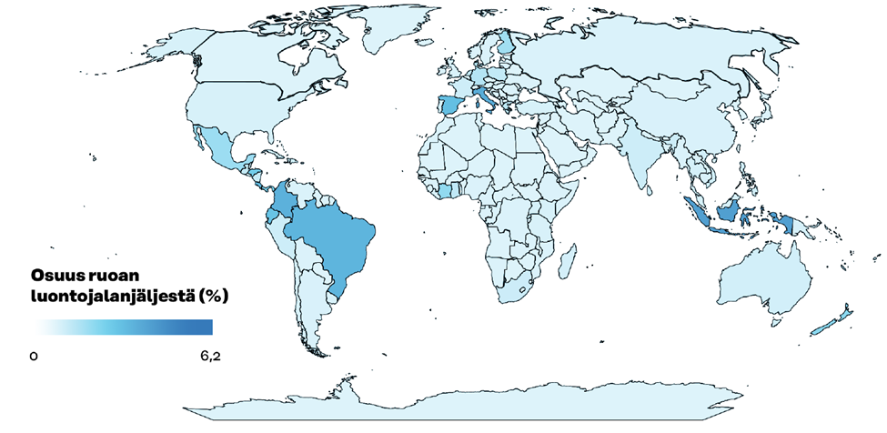 Karttakuvaaja luontohaittojen kohdistumisesta eri puolille maapalloa.