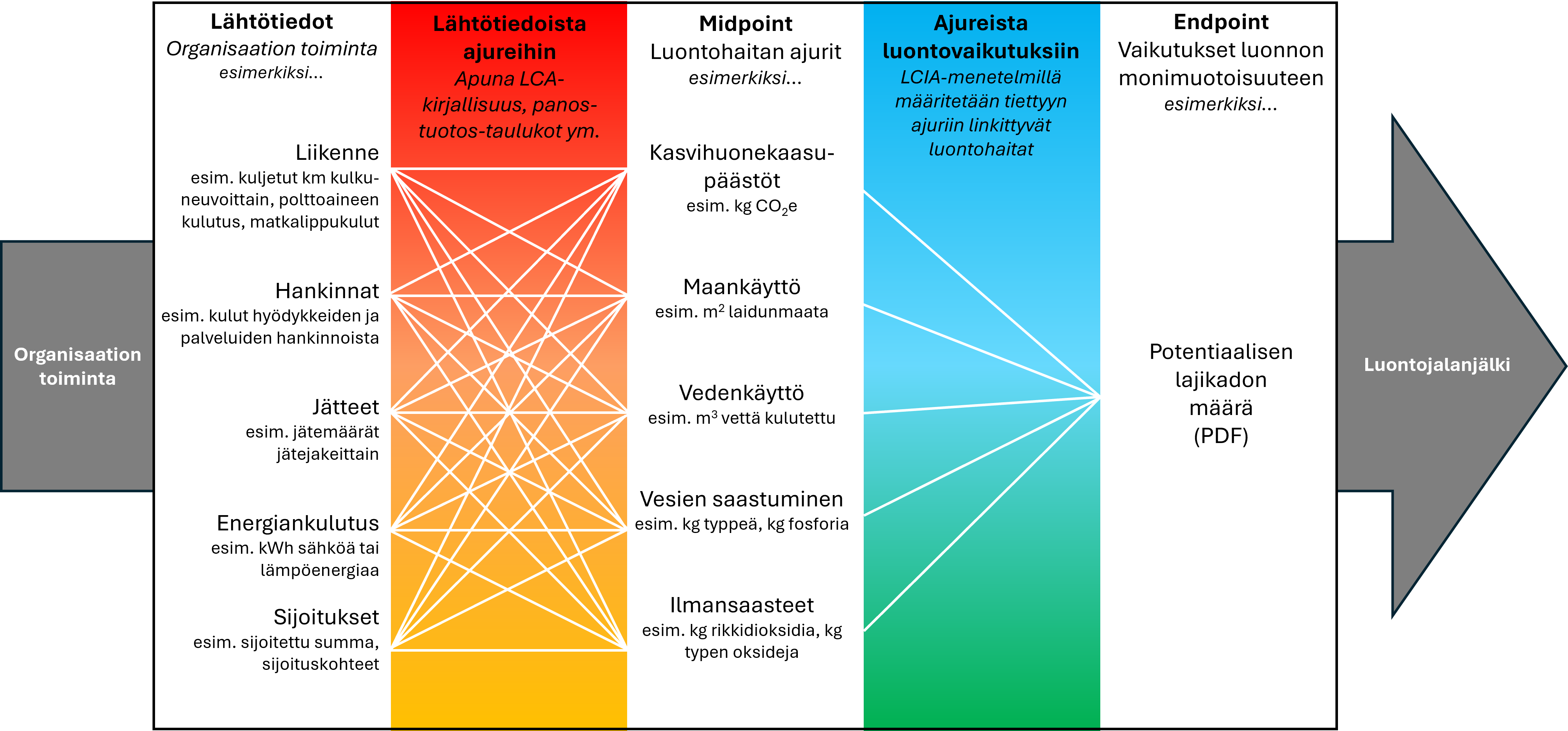 1. Lähtötiedot toiminnasta, 2. lähtötiedoista ajureihin, 3. Midpoints, 4. Ajureista luontovaikuksiin, 5. Endpoint.